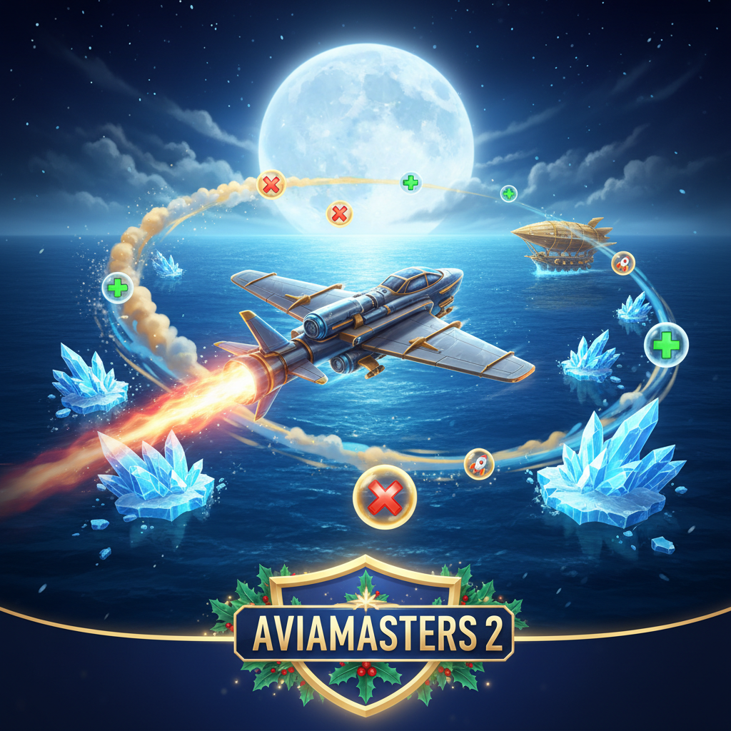 Aviamasters 2 crash-spel — planet flyger över havet och samlar multiplikatorer, raketer och bonusnummer på väg mot fartyget